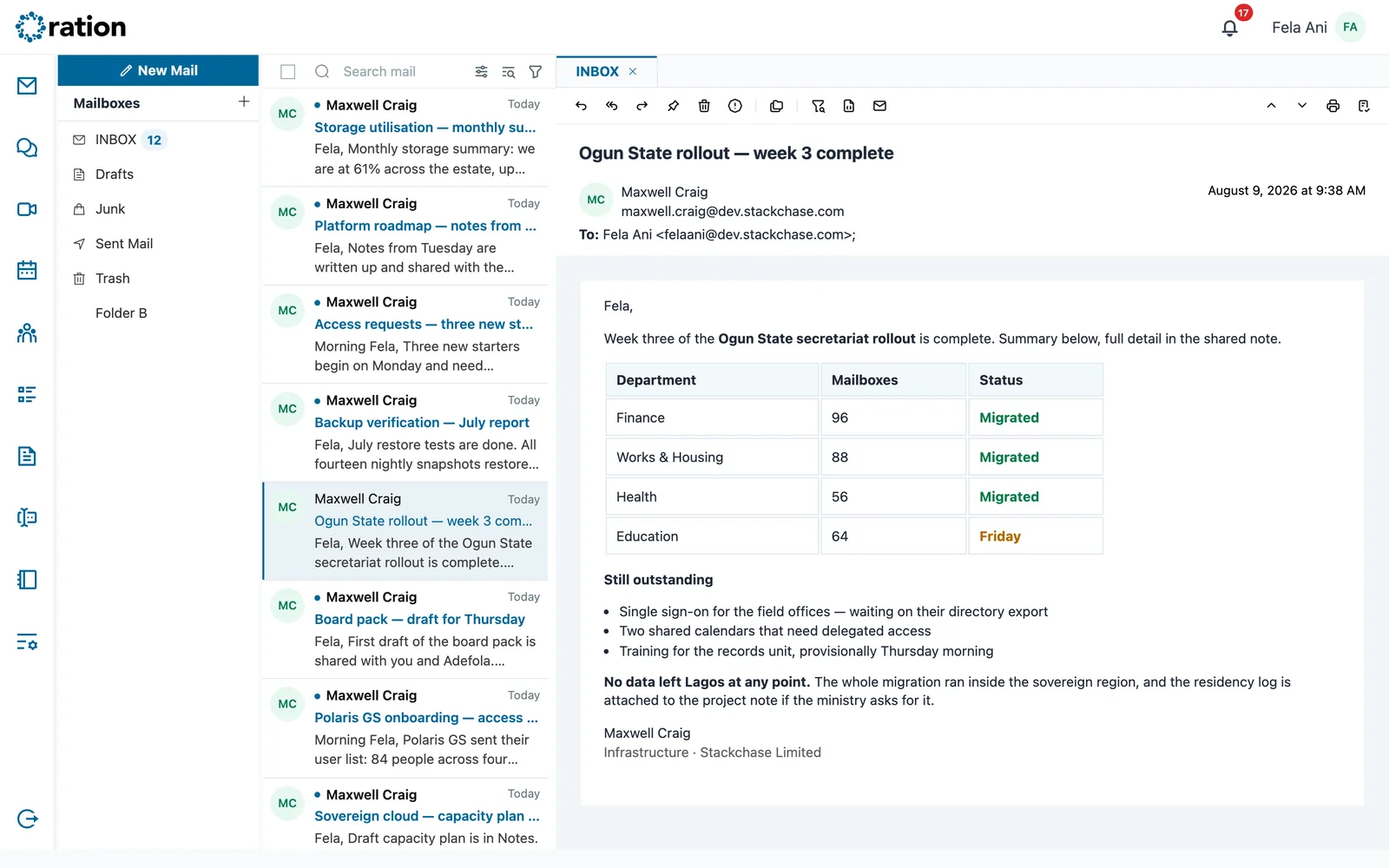 Ration Mail: a formatted status email with a migration progress table